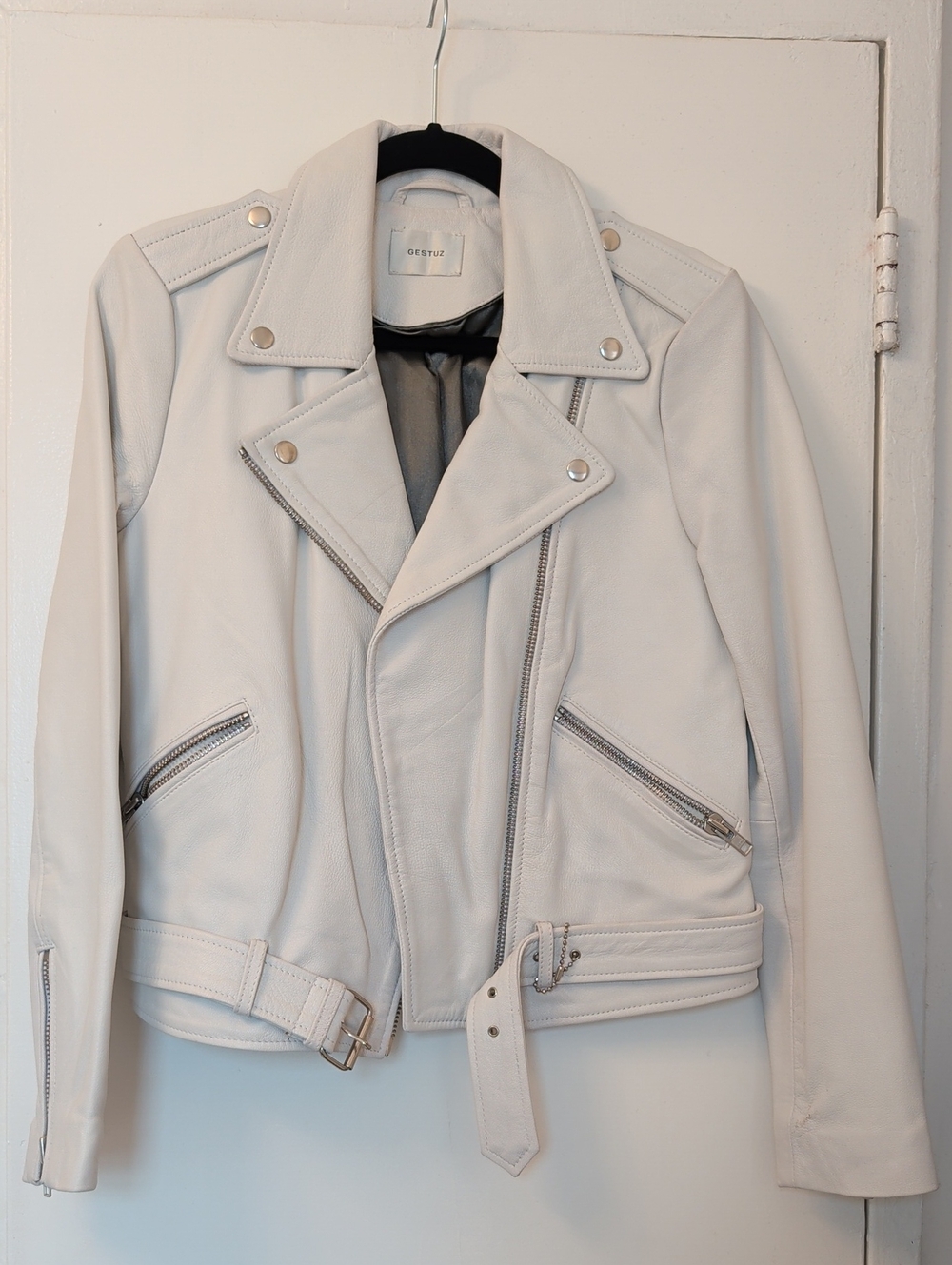 Gestuz White Leather Moto Jacket EU 36 US S
